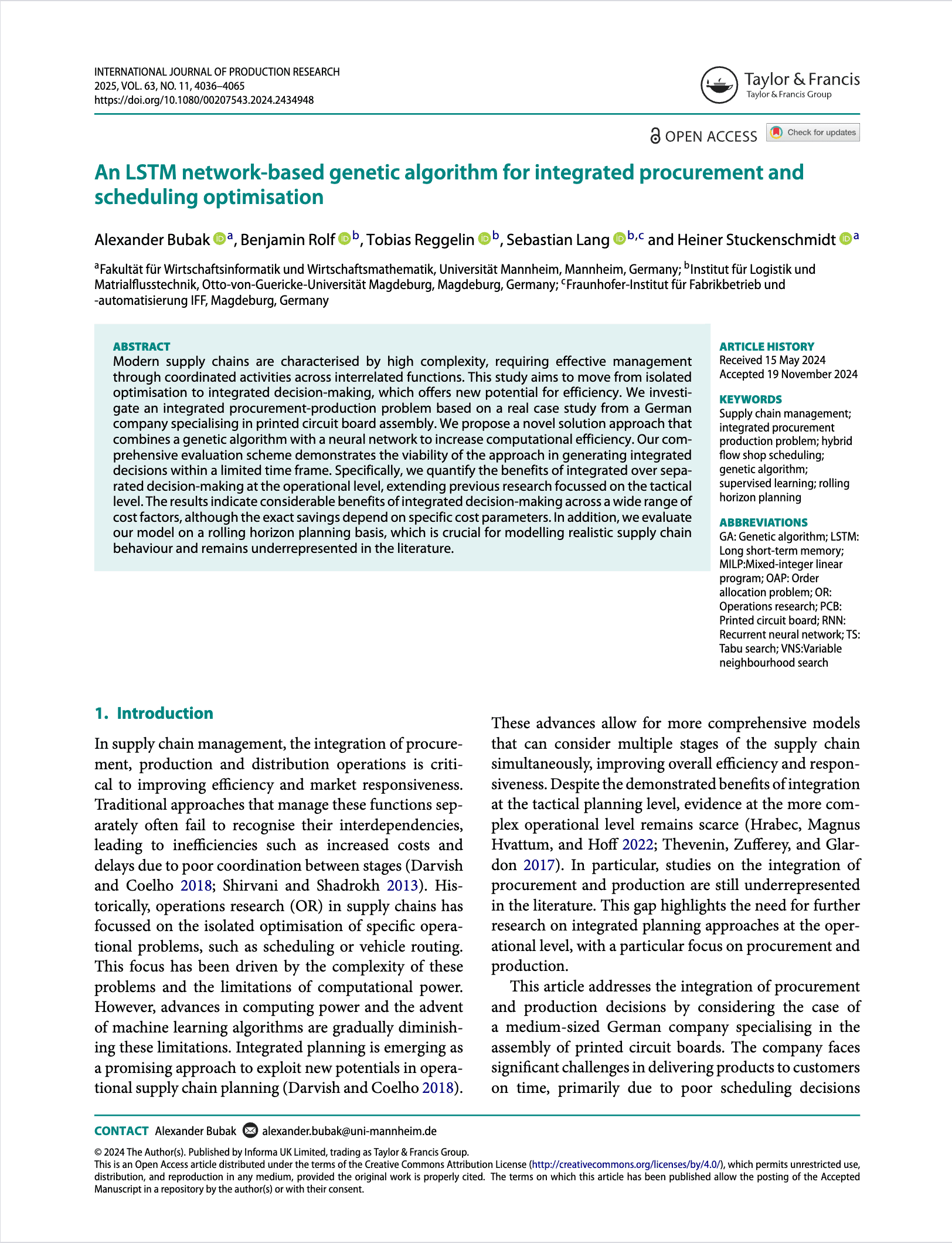 Erste Seite des Open-Access-Artikels »An LSTM network-based genetic algorithm for integrated procurement and scheduling optimisation« im International Journal of Production Research